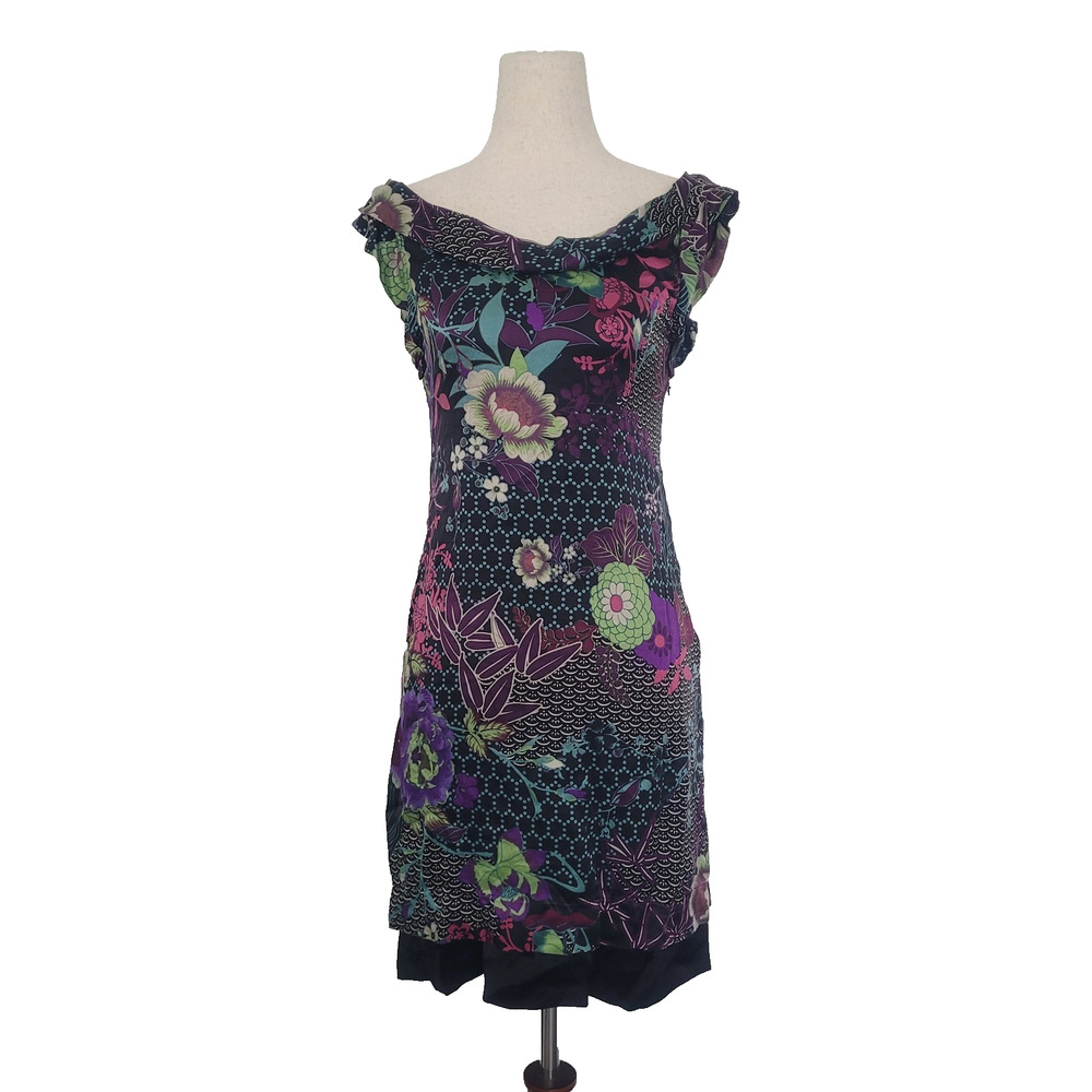 Y2k Jaloux Floral Silk Cowl Neck Midi Dress Size XS Retro Artsy Fairy Whimsy 70s